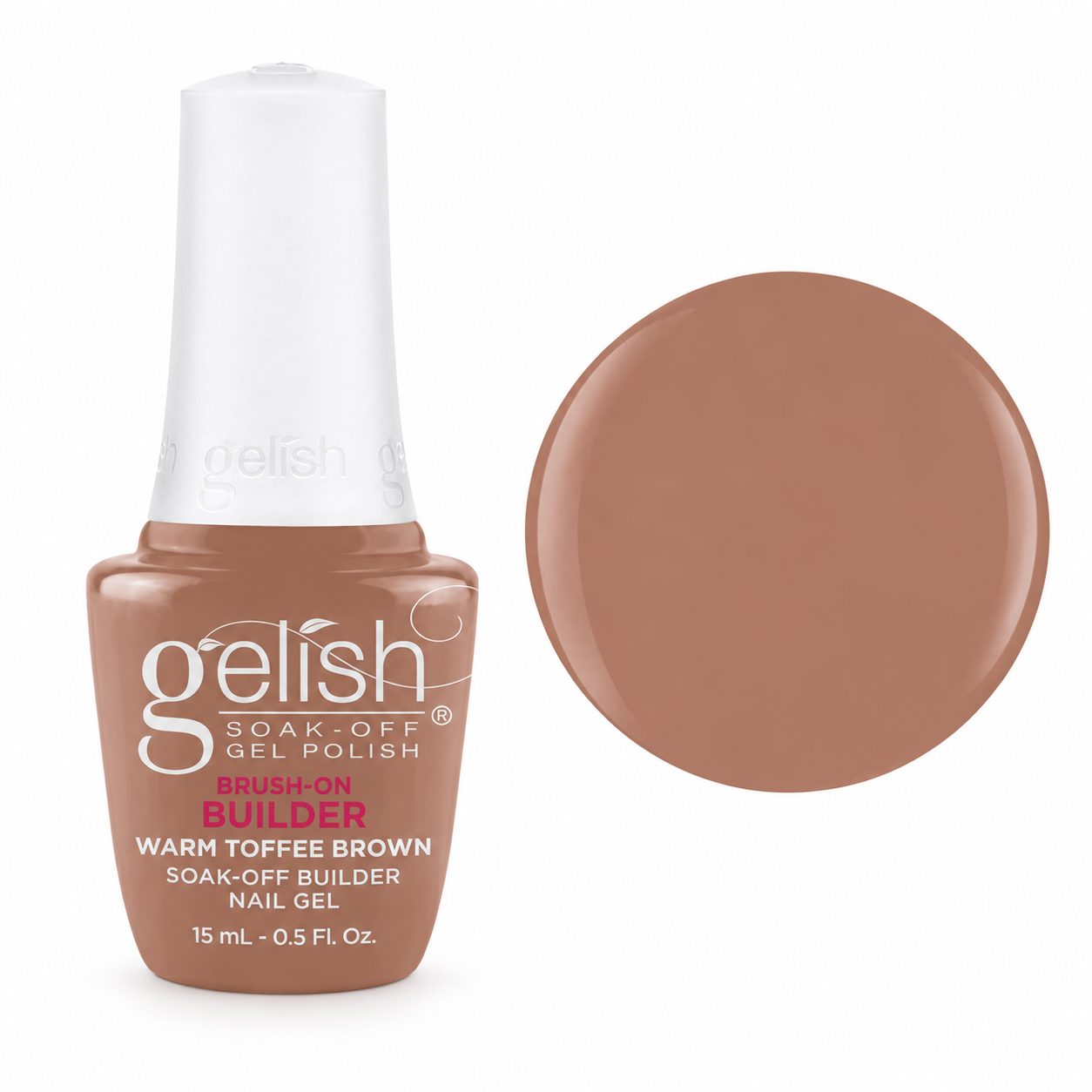 Gelish Pro BIAB Brush-On Builder Gel 15ml – Warm Toffee Brown bottle and colour swatch
