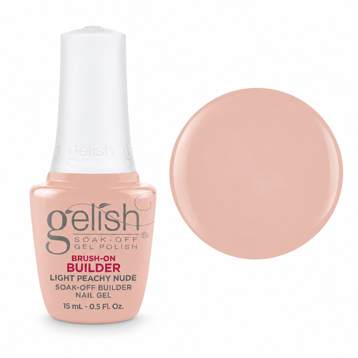 Gelish Pro BIAB Brush-On Builder Gel 15ml – Light Peachy Nude bottle and colour swatch