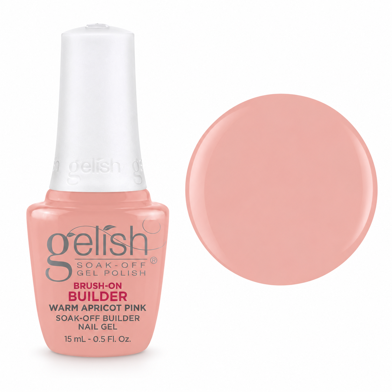 Gelish Pro BIAB Brush-On Builder Gel 15ml – Warm Apricot Pink bottle and colour swatch