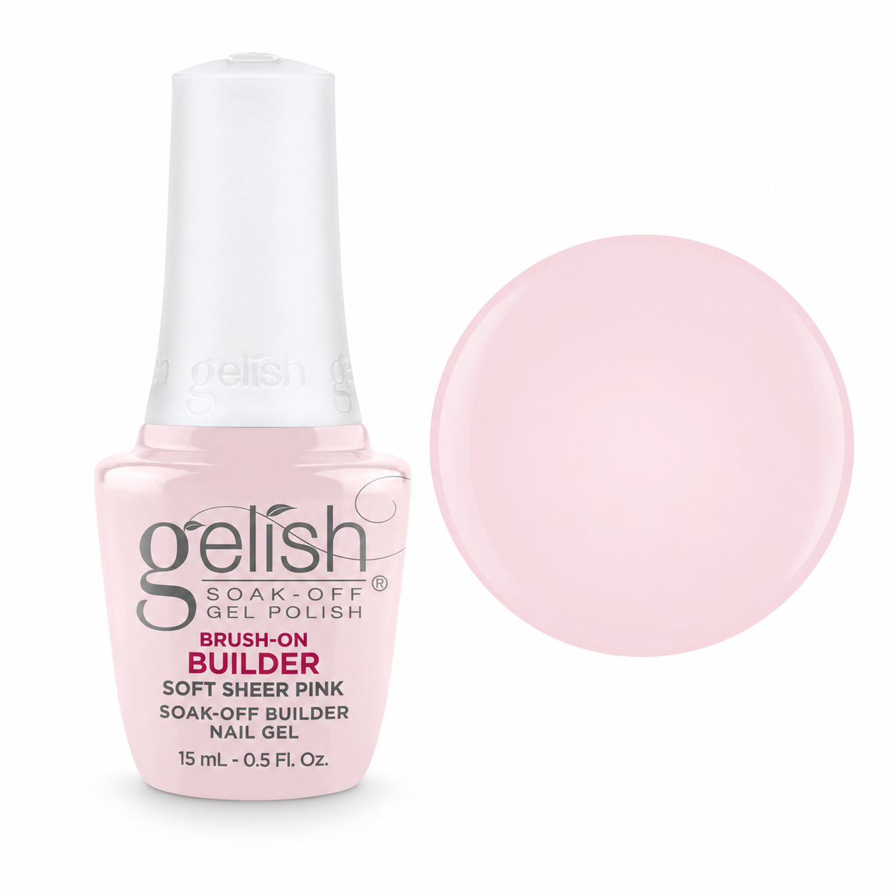 Gelish Pro BIAB Brush-On Builder Gel 15ml – Soft Sheer Pink bottle and colour swatch