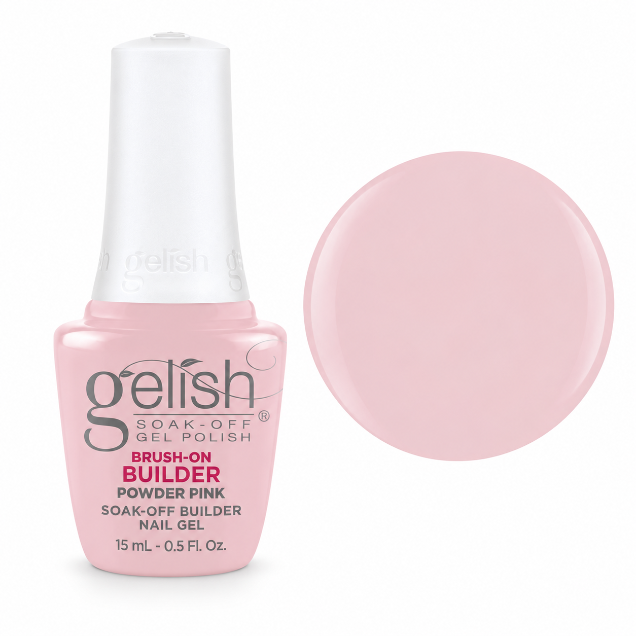 Gelish Pro BIAB Brush-On Builder Gel 15ml – Powder Pink bottle and colour swatch