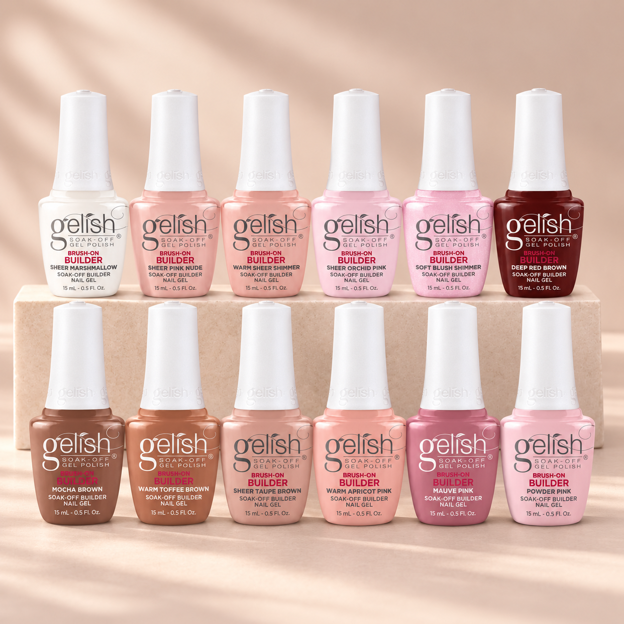 Gelish Pro BIAB Brush-On Builder Gel 15ml – 12 colour group on ivory display
