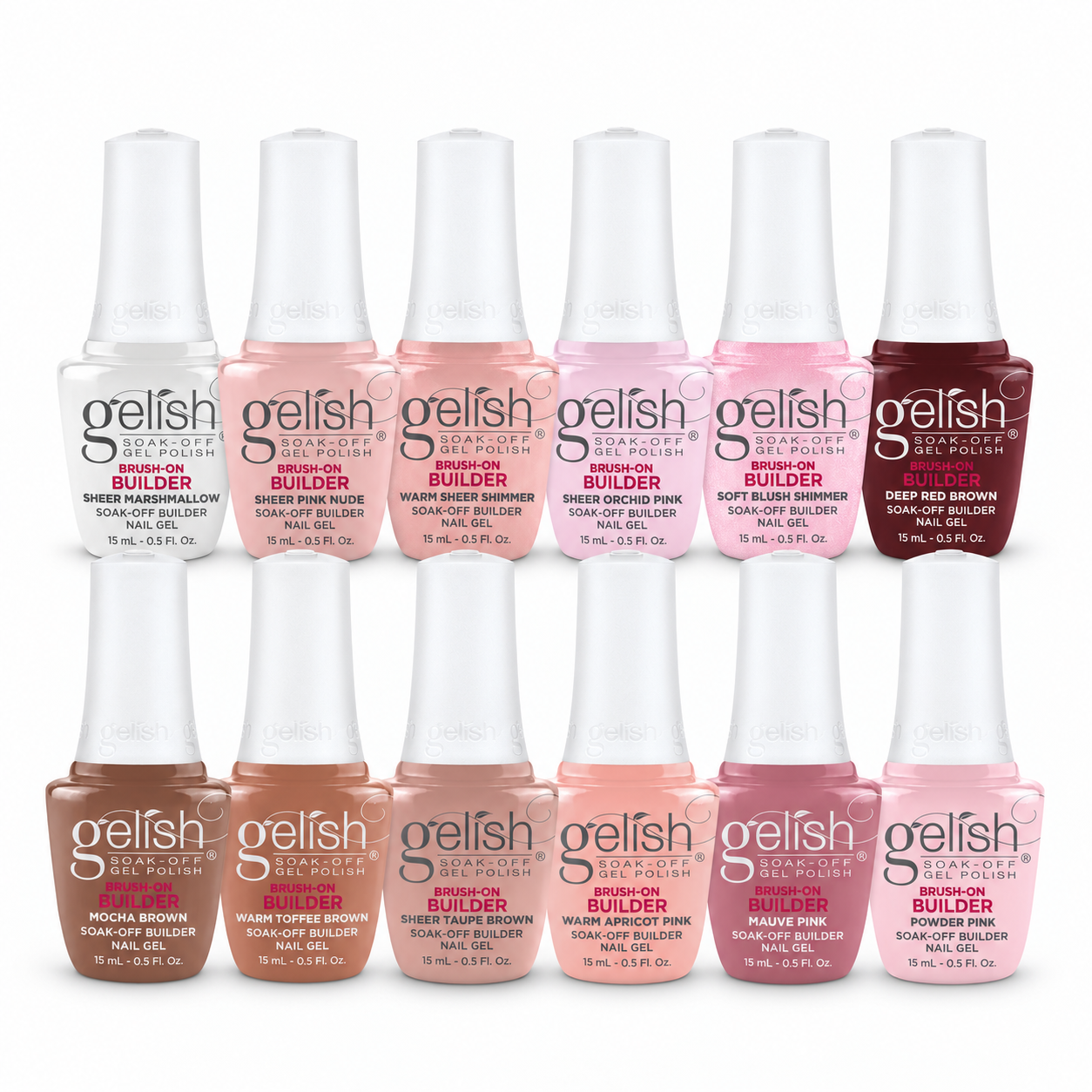 Gelish Pro BIAB Brush-On Builder Gel 15ml – 12 colour group on white