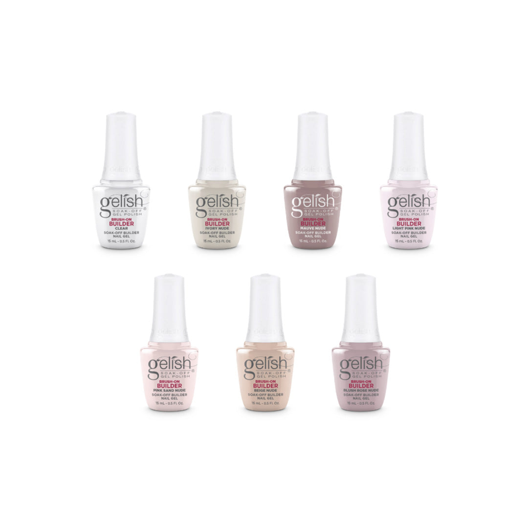 Set of Gelish nail polish bottles on a white background