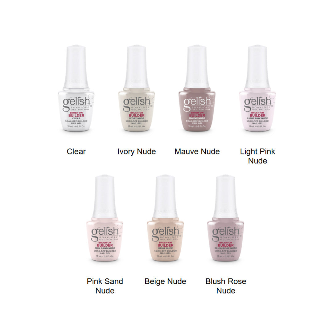 Gelish nail polish bottles in various nude shades on a white background
