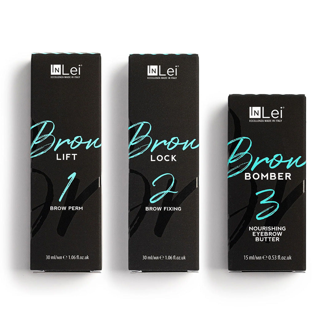 Three black boxes labeled 'Brow Lift', 'Brow Lock', and 'Brow Bomber' by IN Lei on a white background.