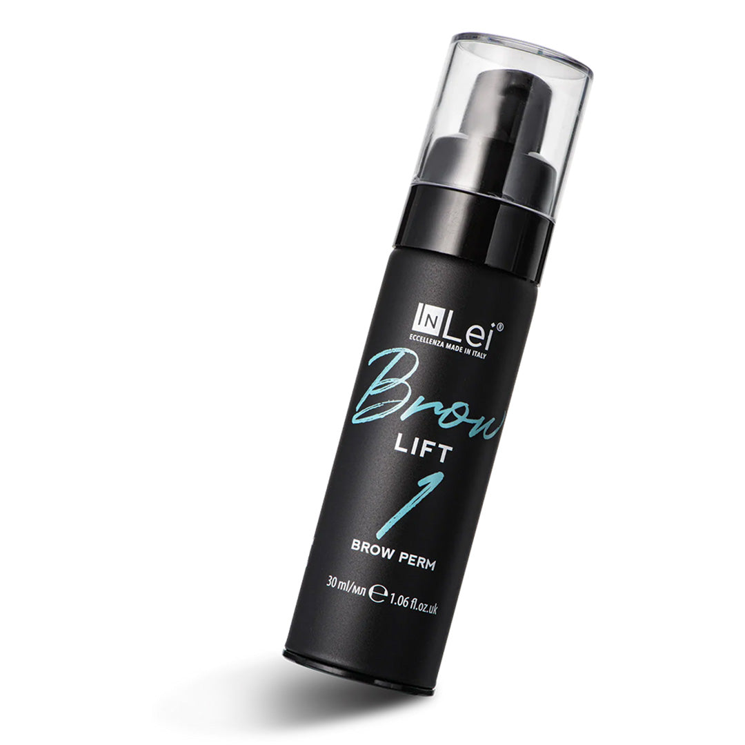 Black bottle of IN Lei Brow Lift 1 Brow Perm on a white background