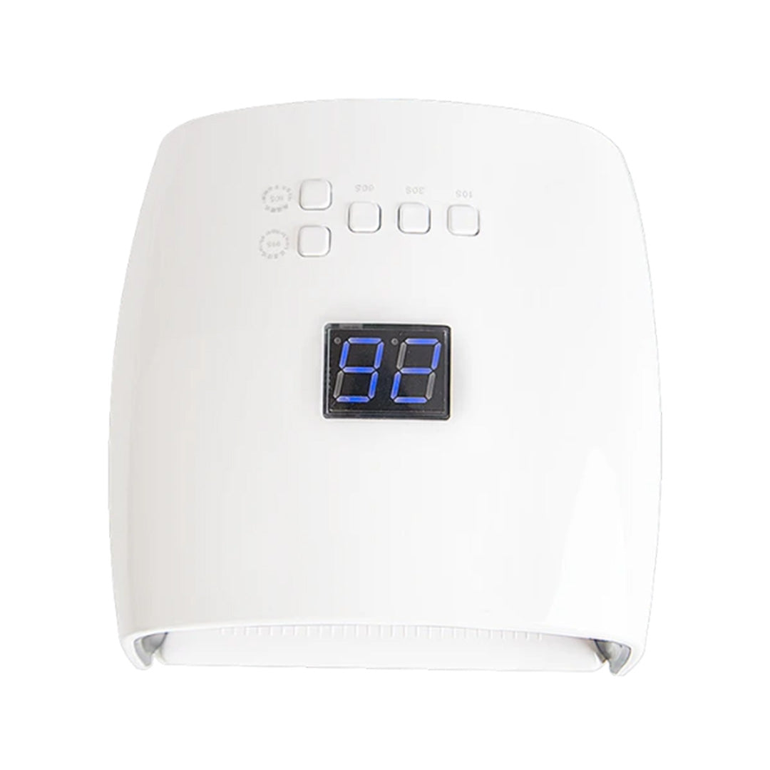 A white electronic device with a curved top, featuring a central blue LED digital display showing '88' and several small control buttons above it, isolated on a white background.