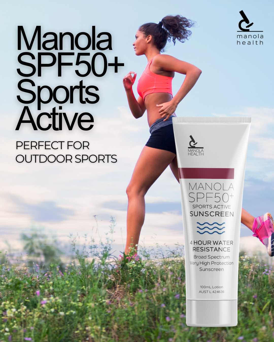 Manola Sports Active Sunscreen SPF50+ 100ml - 9 Pack with counter display