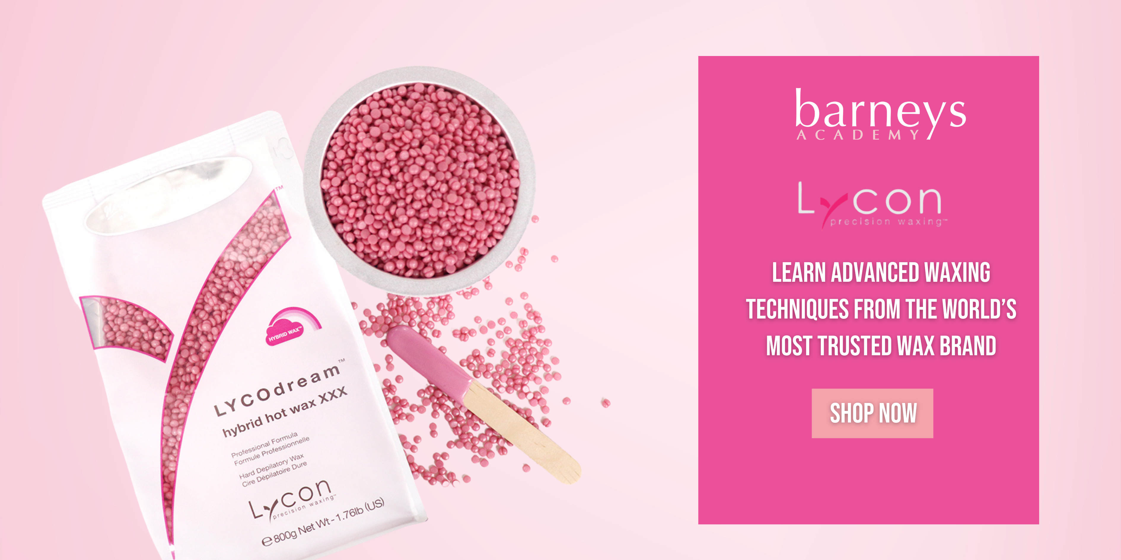 Barneys Academy Lycon waxing product set with pink background and promotional text.