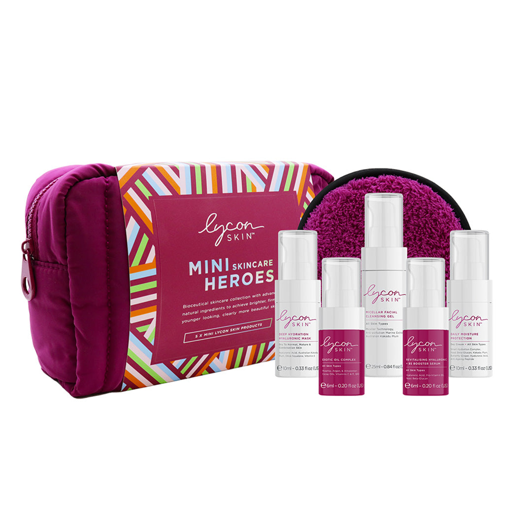 Lyon Skin mini skincare heroes set with a purple pouch on a white background