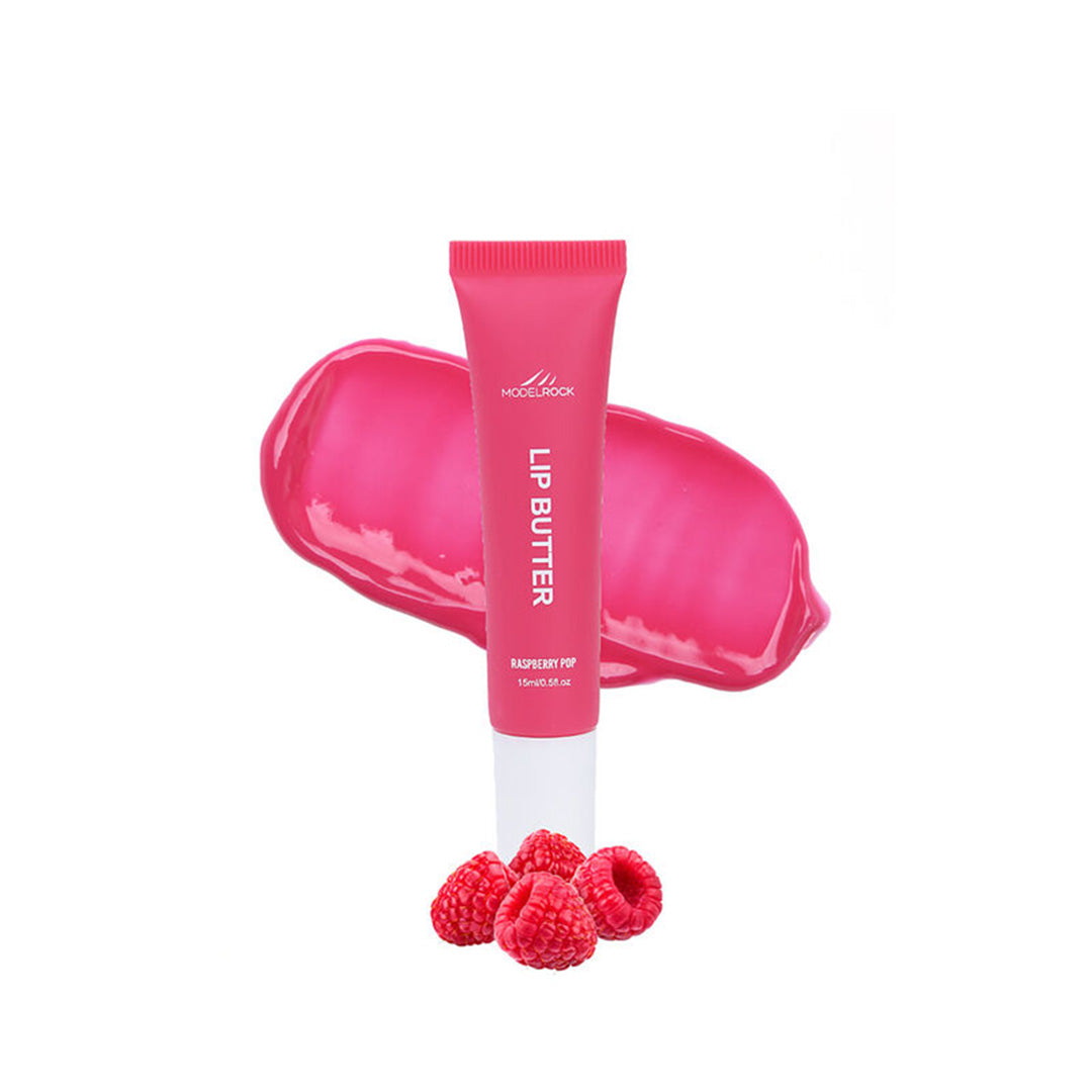 Pink lip butter with raspberry flavor on a white background