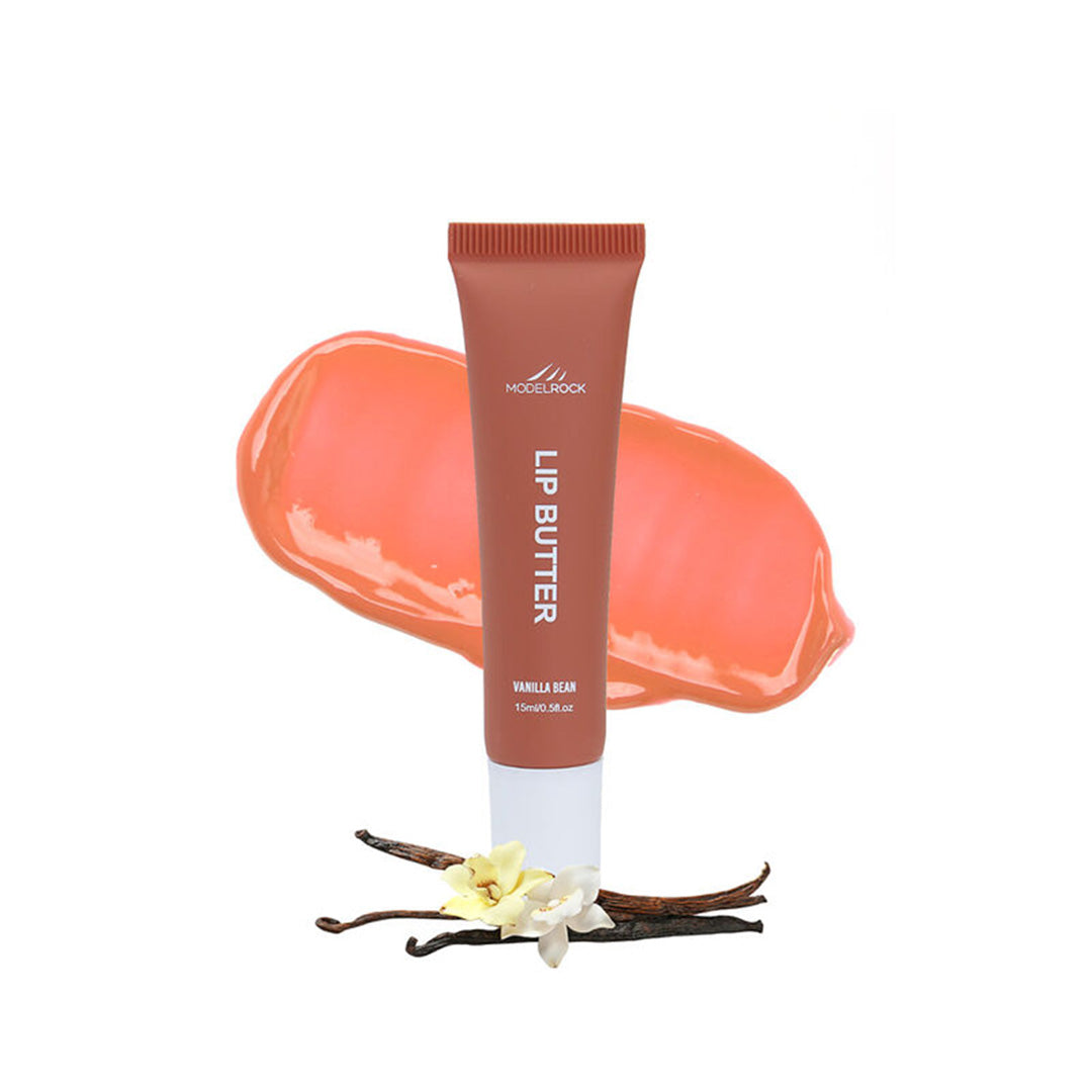 Lip butter tube with vanilla beans and flowers on a white background