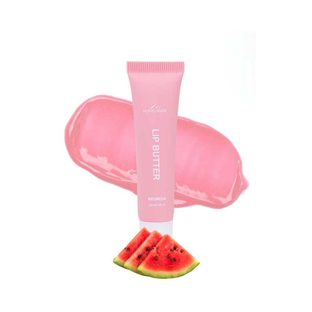 Pink lip butter tube with watermelon slices on a white background