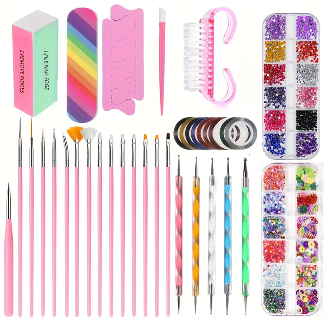 Set of nail art tools including brushes, files, and decorative elements on a white background.