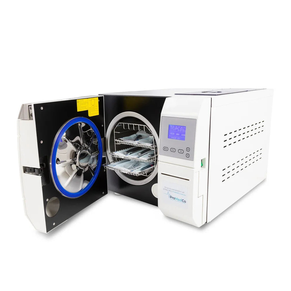 ProMedCo 12L B&S Class autoclave open with instrument trays