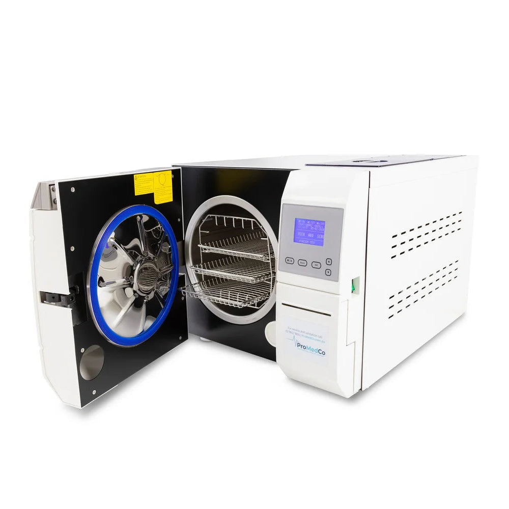 ProMedCo 12L B&S Class autoclave open with three trays
