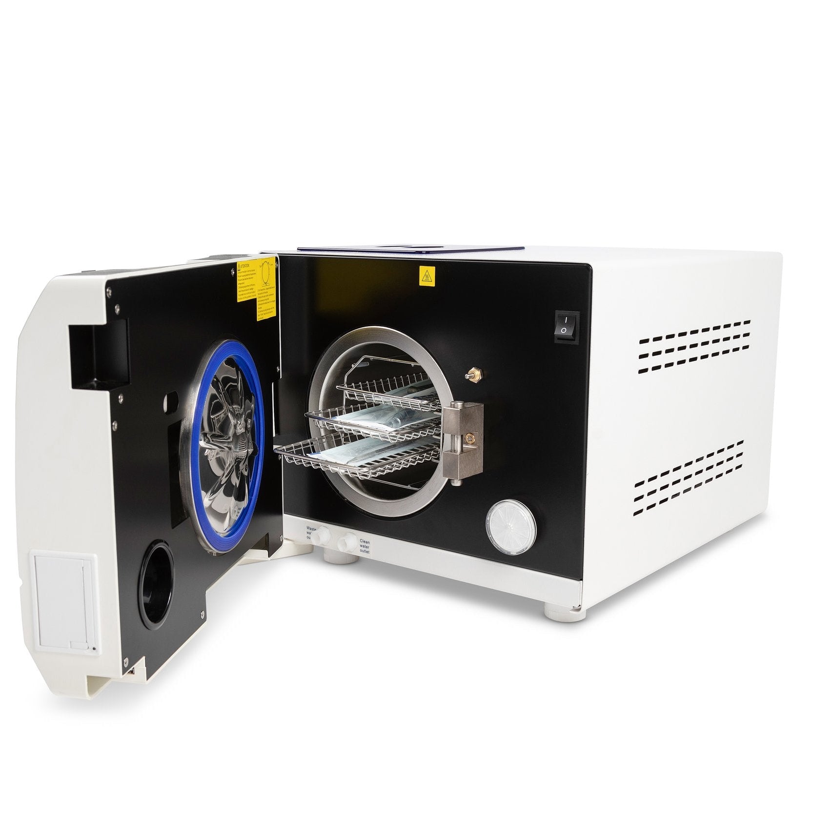 ProMedCo 8L B&S Class autoclave open with instrument trays
