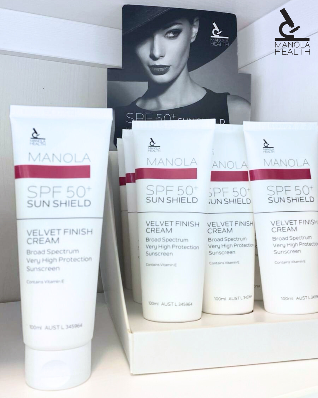 Manola Velvet Touch Sun Shield SPF50+ 100ml - 9 Pack with counter display