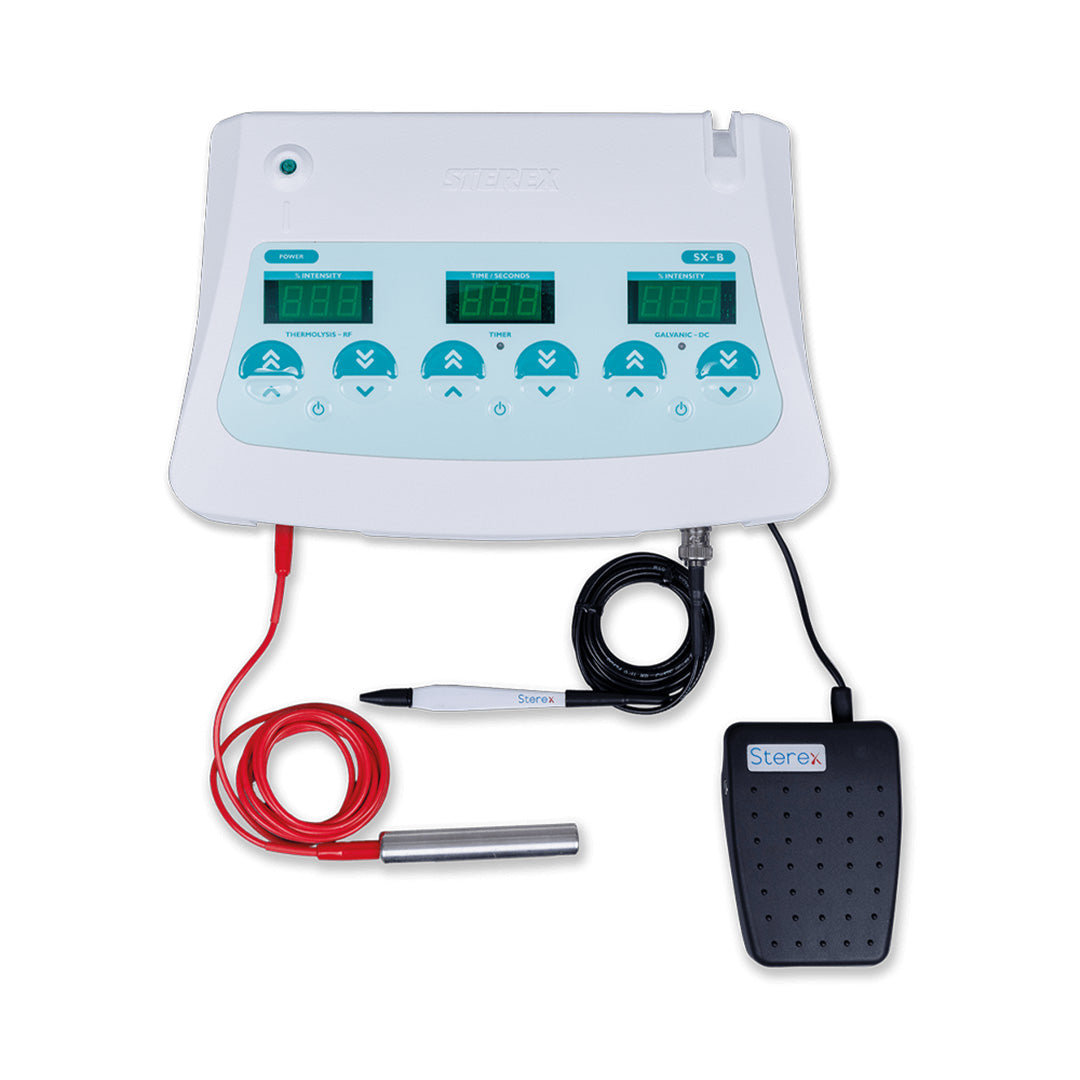 Medical device with digital display, cables, and foot pedal on a white background