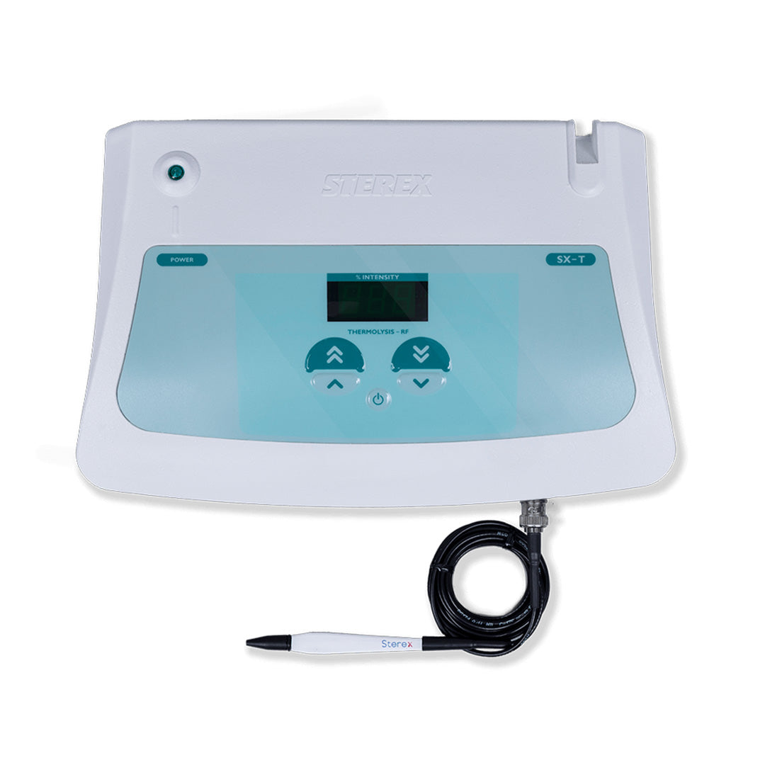 Medical device with digital display and probe on a white background