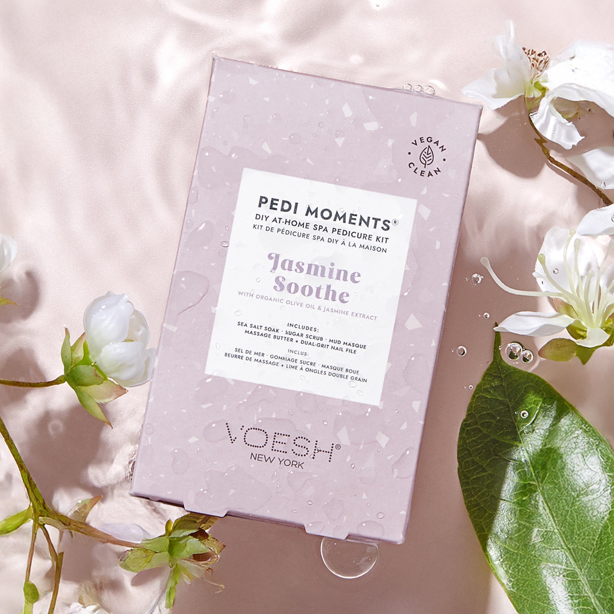 VOESH Pedi Moments DIY pedicure kit with flowers and leaves on a light background