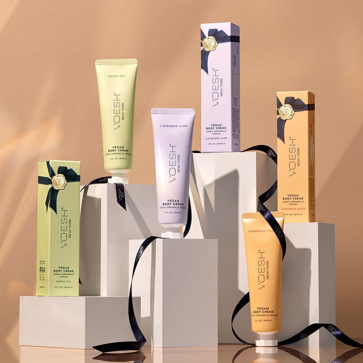 Voesh Green Tea, Lavender Land and Tangerine Glow retail creams and packaging