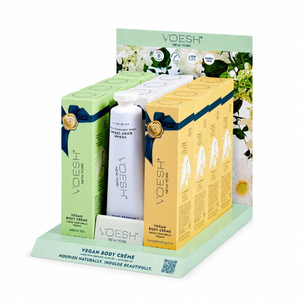 Voesh Vegan Hand and Body Creme 12-piece mixed display kit with testers on a white background