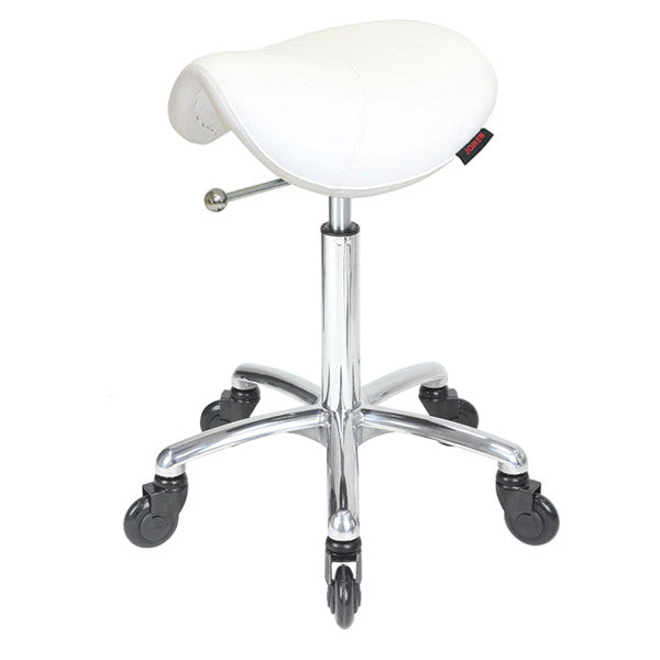 Joiken Saddle Stool - No Back - Chrome Base - Click'n'Clean Castor Wheels - White