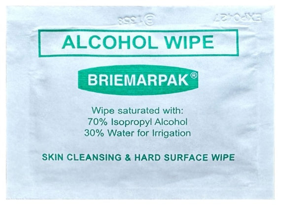 Briemar Hard Surface & Skin Cleansing Alcohol Wipe - 70% Isopropyl Alcohol - Pack of 50