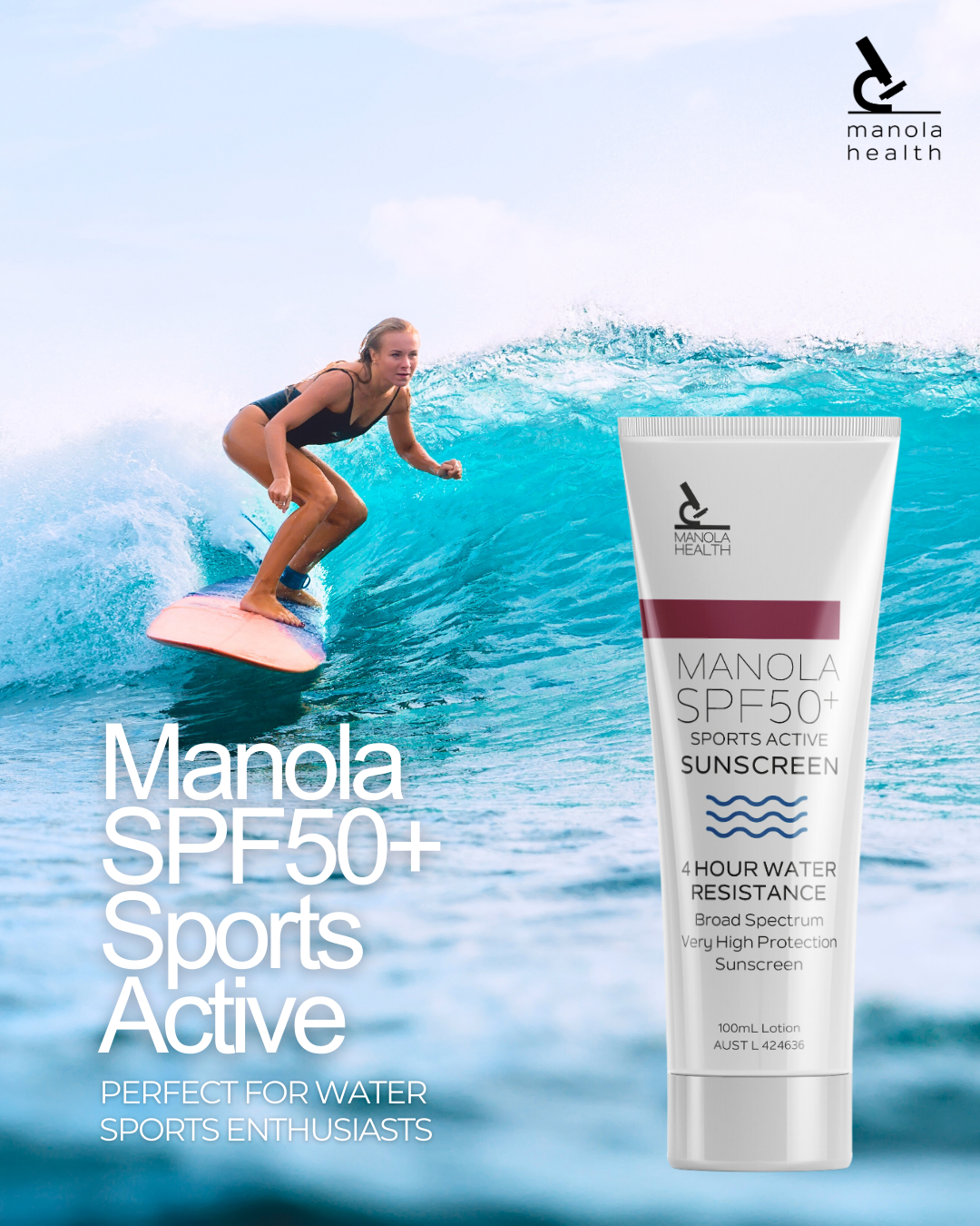 Manola Sports Active Sunscreen SPF50+ 100ml - 9 Pack with counter display