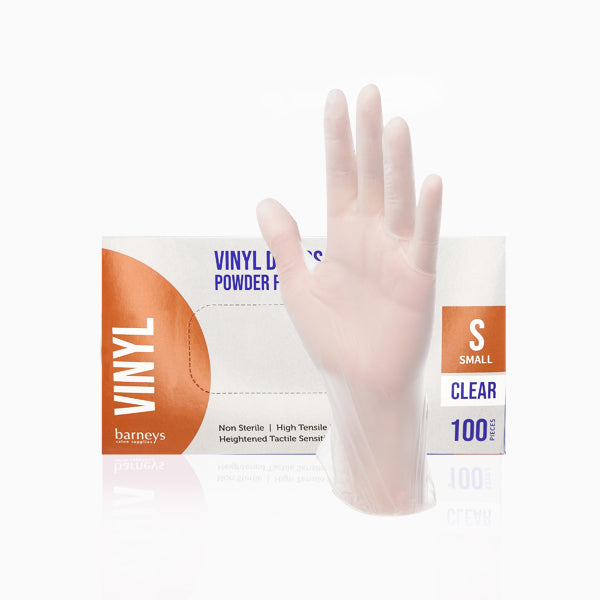 Barneys Vinyl Disposable Gloves Powder Free - Clear - Small - 100 Pieces