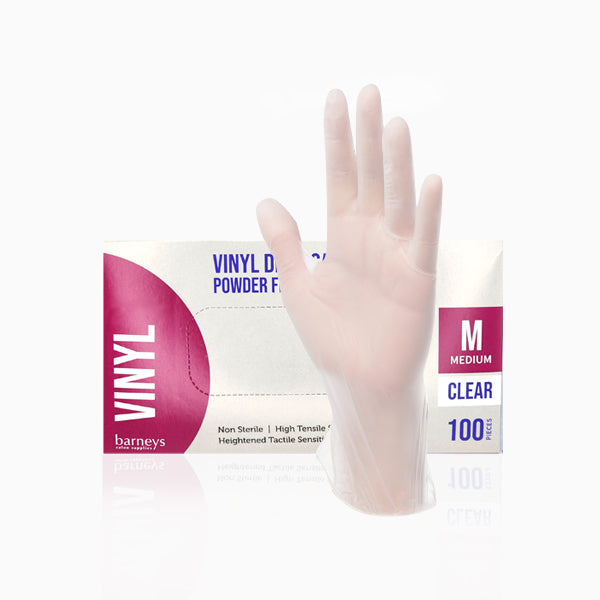 Barneys Vinyl Disposable Gloves Powder Free - Clear - Medium - 100 Pieces