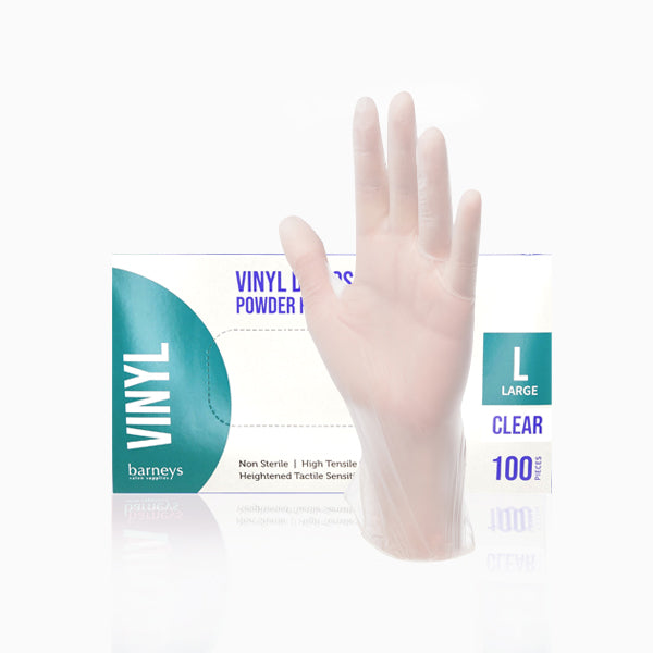 Barneys Vinyl Disposable Gloves Powder Free - Clear - Large - 100 Pieces