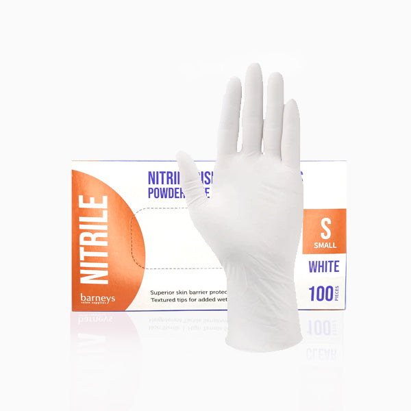 Barneys Nitrile Disposable Gloves Powder Free - White - Small - 100 Pieces